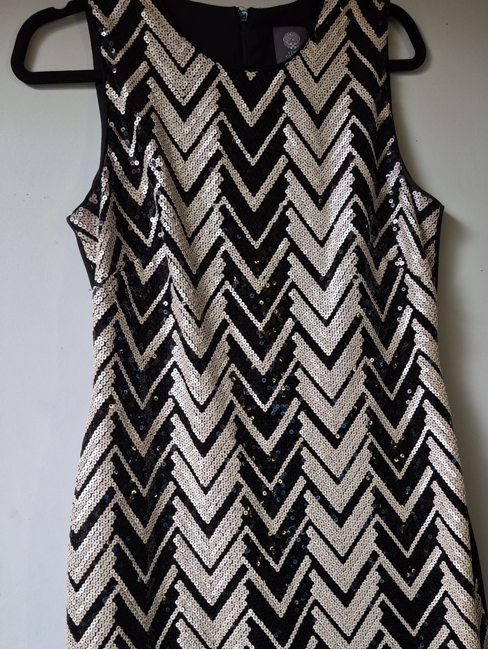 Vince Camuto Black and Cream Sequin Chevron Party Dress